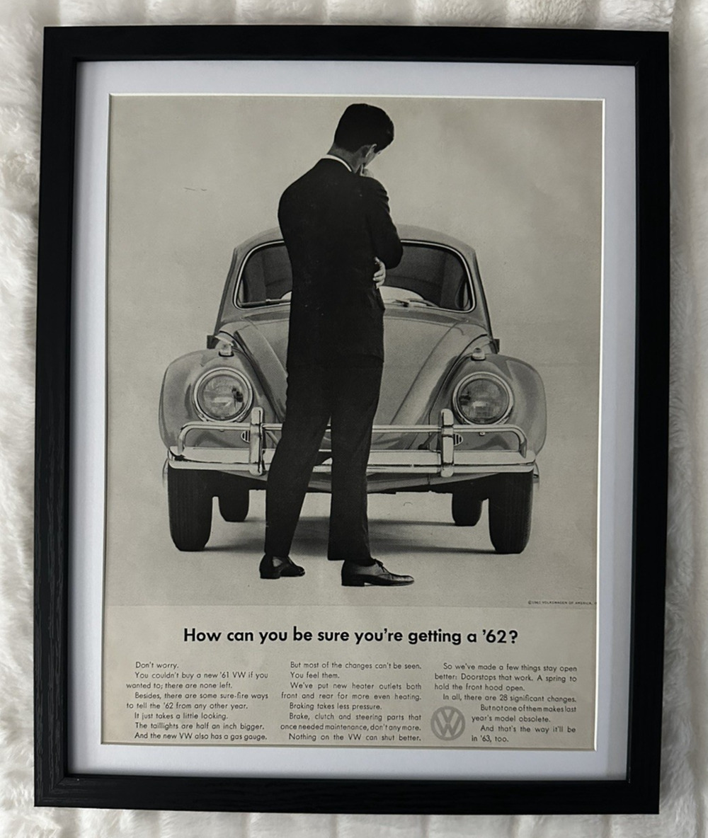 Framed 1962 VW Volkswagen Beetle "How Can You Be Sure It's a '62?" Print Ad